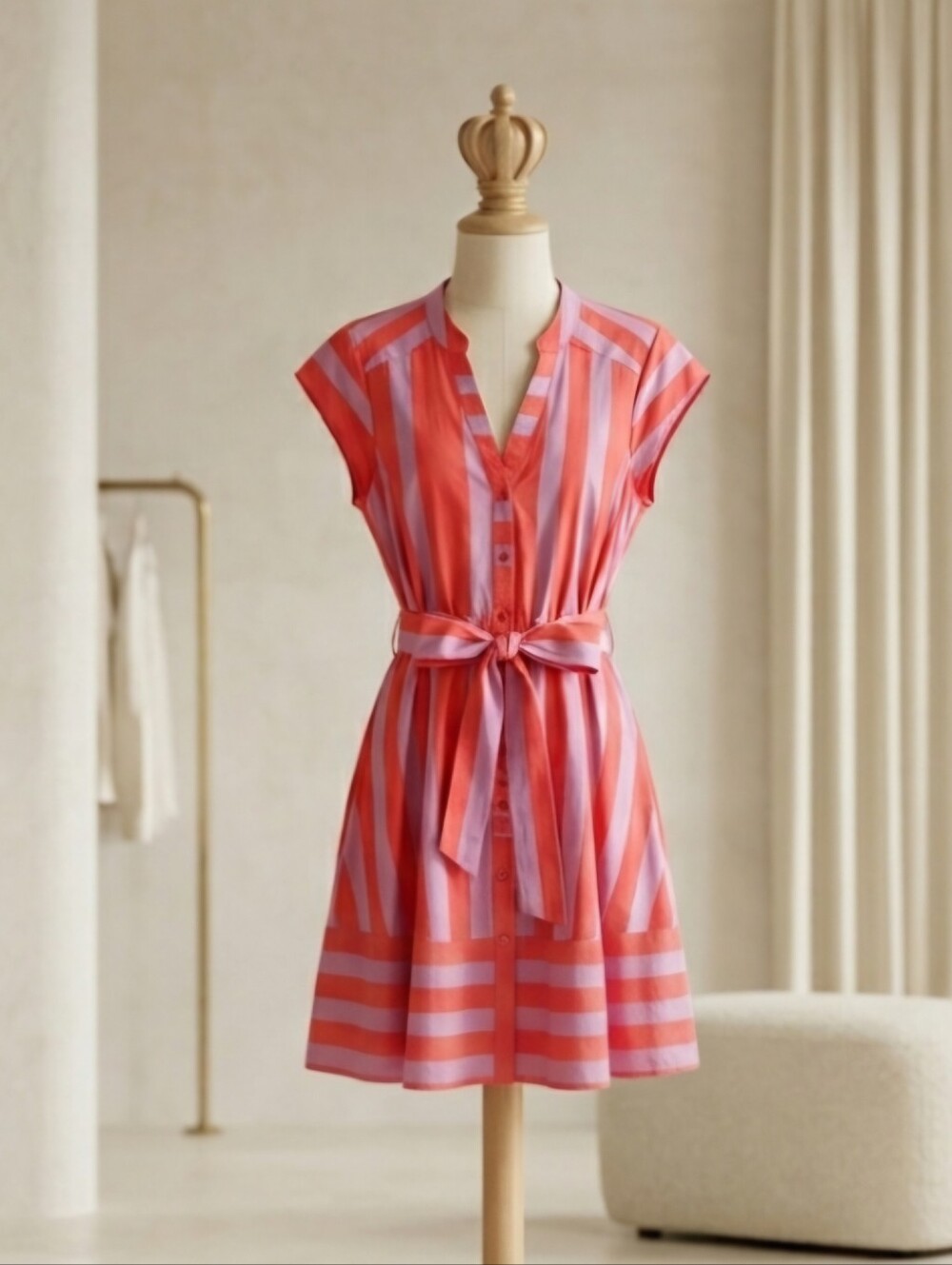Sugarlips Coral and Lavender Striped Tie-Waist Mini Dress